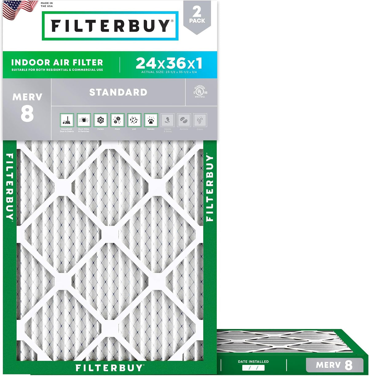 Filterbuy 24x36x1 Air Filter MERV 8 Dust & Allergy Defense (2-Pack)