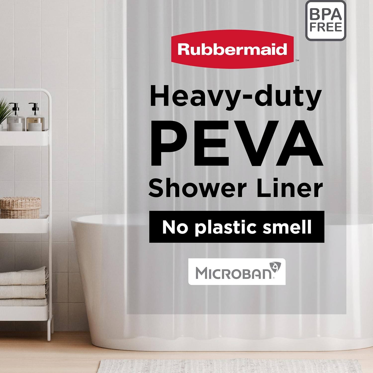 Rubbermaid Clear Shower Curtain Liner, Waterproof Heavyweight 8g PEVA Shower Liner for Bathroom, with Weighted Magnets and Rustproof Charcoal Gray Grommets, 70x72, Standard Size, Clear