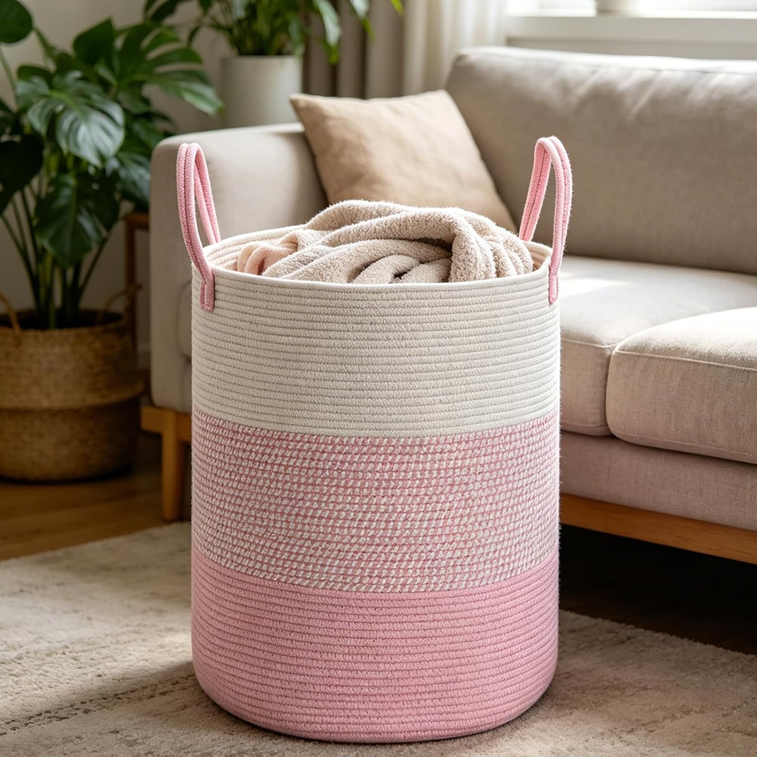 Large Laundry Basket, Cotton Rope Nursery Hamper with Handles-Pink
