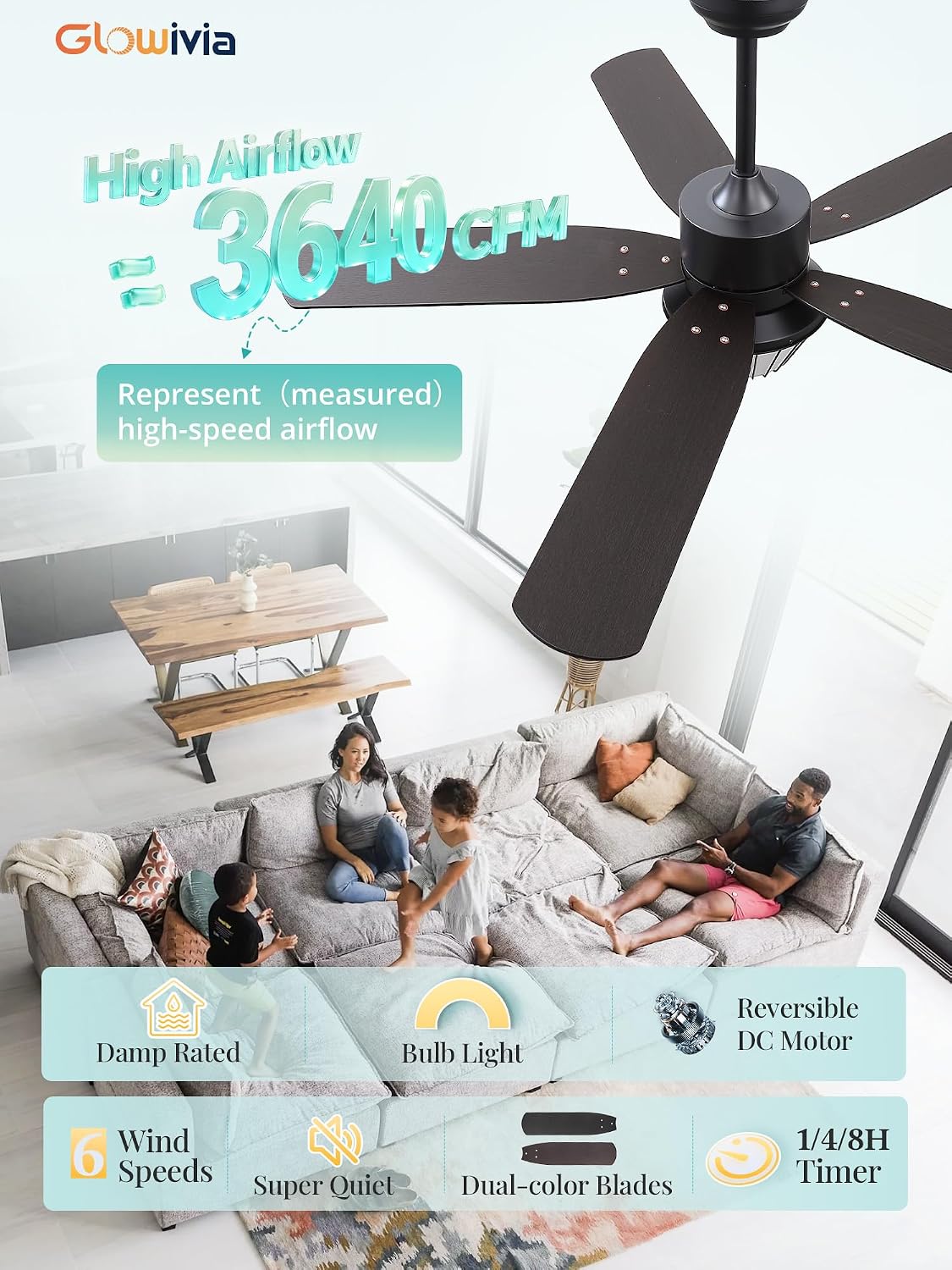 52" Outdoor Ceiling Fan with Lights for Patios, IP65 Waterproof, Black