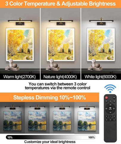 Tassuowell LED Picture Lights for Wall Rechargeable, Battery Operated Art Light for Paintings (Wood Grain, 15.7inch)