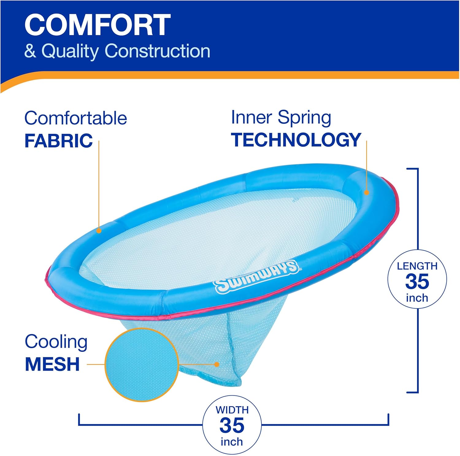 SwimWays Spring Float Premium Papasan Pool Lounger with Breathable Mesh Seat, Inflatable Pool Floats for Adults with Fast Inflation, for Ages 15 & Up