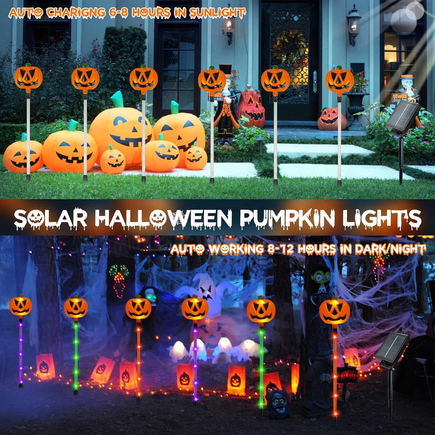 6 Pack Solar Pumpkin Lights Outdoor Waterproof for Halloween Decorations