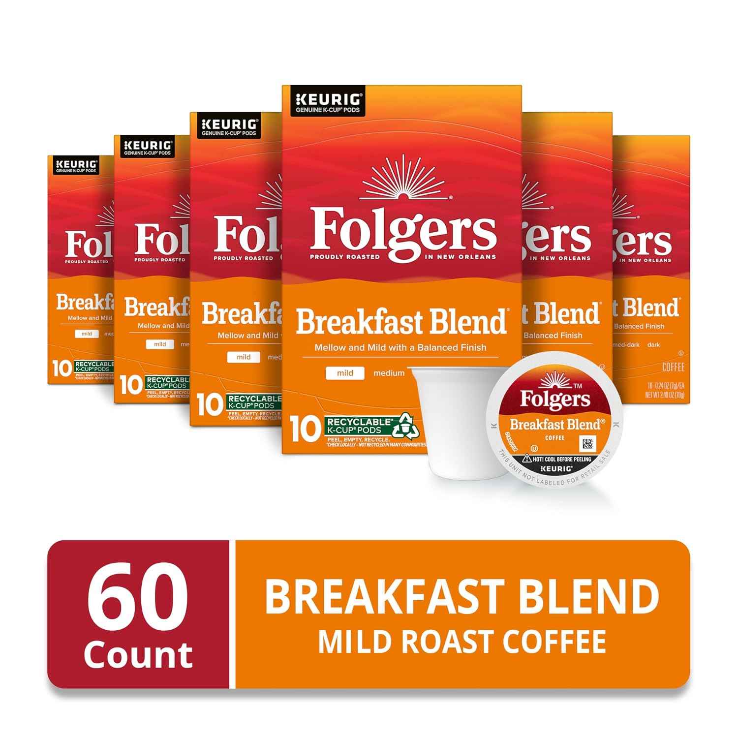 Folgers Breakfast Blend Coffee, Mild Roast, Keurig K-Cup Pods, 60 Count | 6 (10 count) boxes, Compatible with Keurig coffee makers