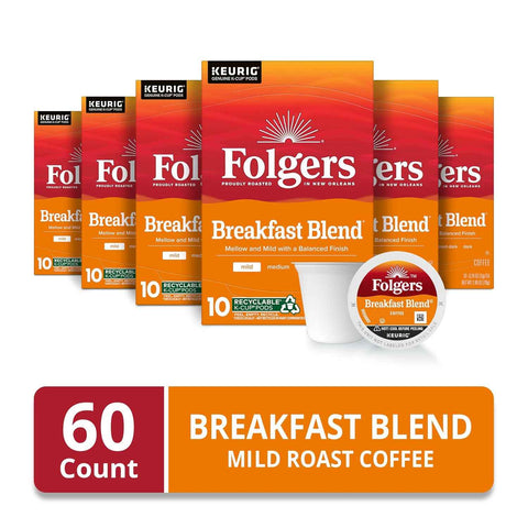 Folgers Breakfast Blend Coffee, Mild Roast, Keurig K-Cup Pods, 60 Count | 6 (10 count) boxes, Compatible with Keurig coffee makers