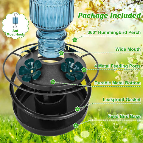 FEED GARDEN Glass Hummingbird Feeder for Outdoors Hanging, 16 OZ Humming Bird Feeders with 4 Bee Guard Feeding Ports & Built-in Ant Moat, Hummingbird Gifts for Mom Bird Feeder for Outside, Blue,2 Pack