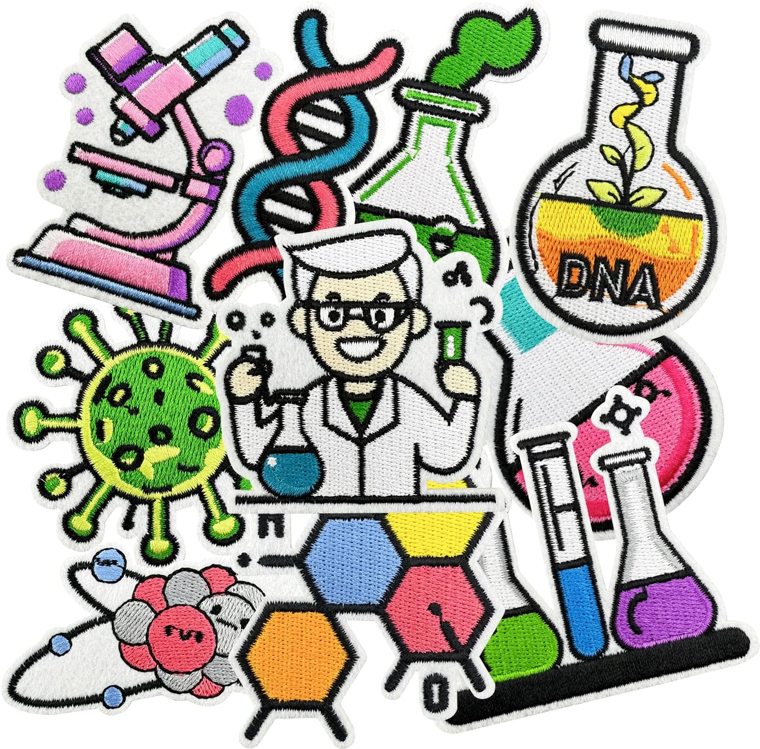 10 Pcs Science Laboratory Iron on/Sew on Patches, Back to School Embroidered Applique Patches, Clothes Backpacks Hats Pants Jackets Jeans Decoration, Student Classroom Prizes