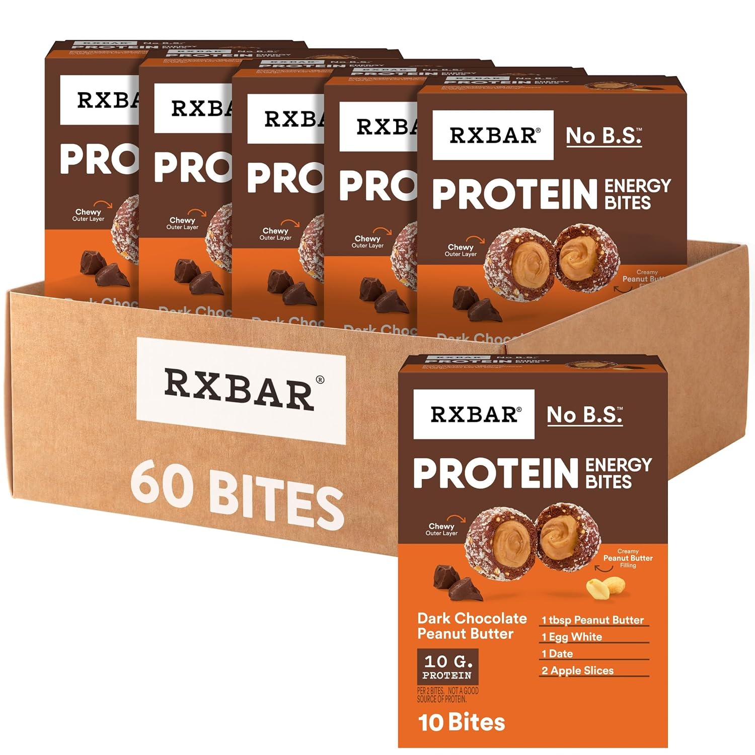 RXBAR Protein Energy Bites, 8g Protein, Gluten Free Energy Snacks, Protein Snacks, Dark Chocolate Peanut Butter (6 Boxes, 60 Bites)