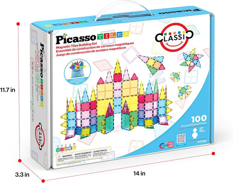 PicassoTiles 100 Piece Magnetic Tiles, Clear 3D Building Blocks for Kids 3+