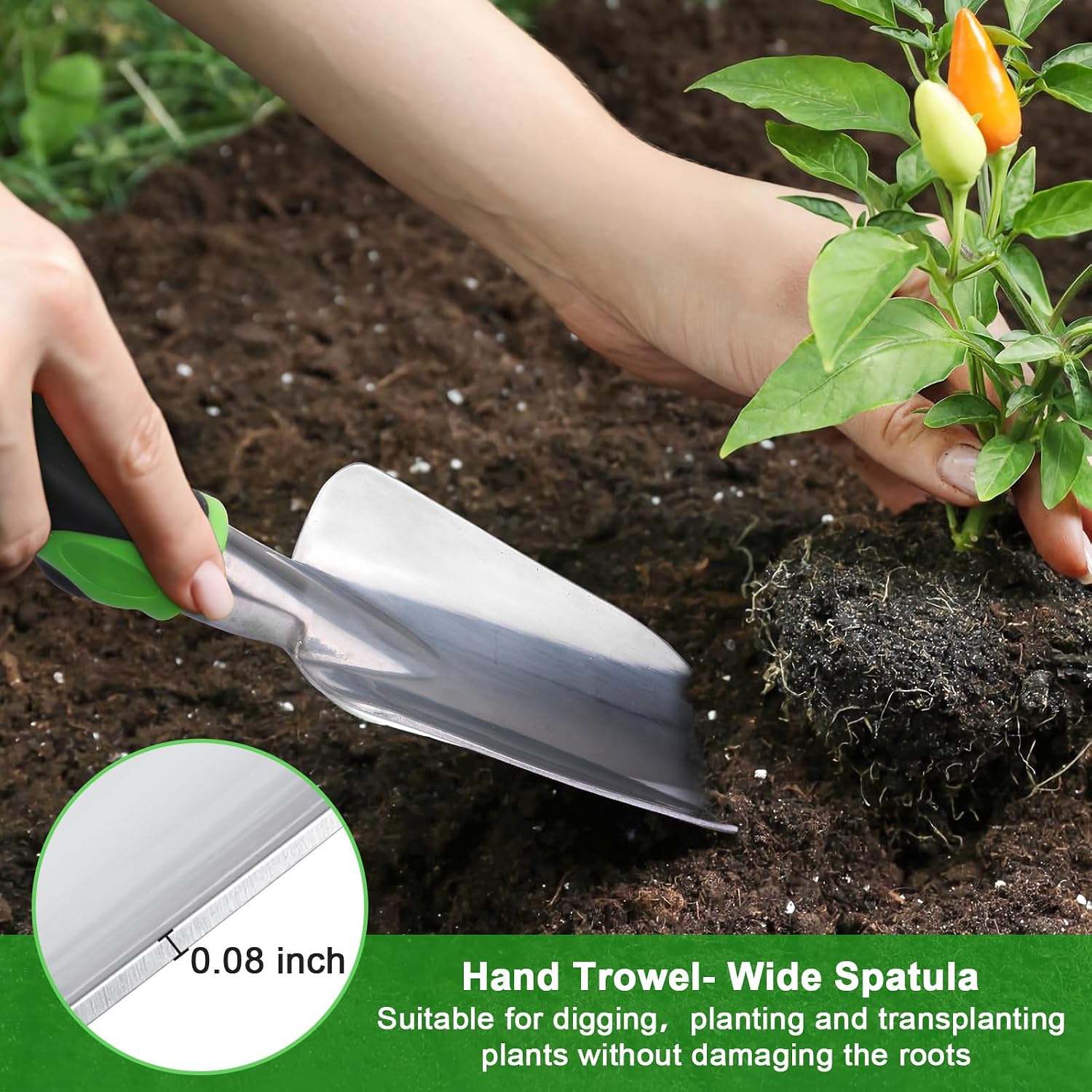 Garden Tools Set, 3 Pack Garden Shovel, Transplant Trowel, Hand Rake Green