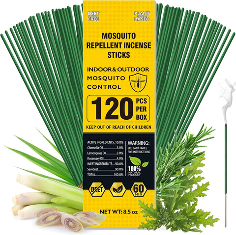 BugBai Mosquito Repellent Outdoor Patio 120 PCS, Citronella Oil Mosquito Incense Sticks Indoor Home Pet Family Safe, Natural Plant-Based Bug Insect Barrier for Yard Garden Lawn Camping Fishing, 0.5 lb