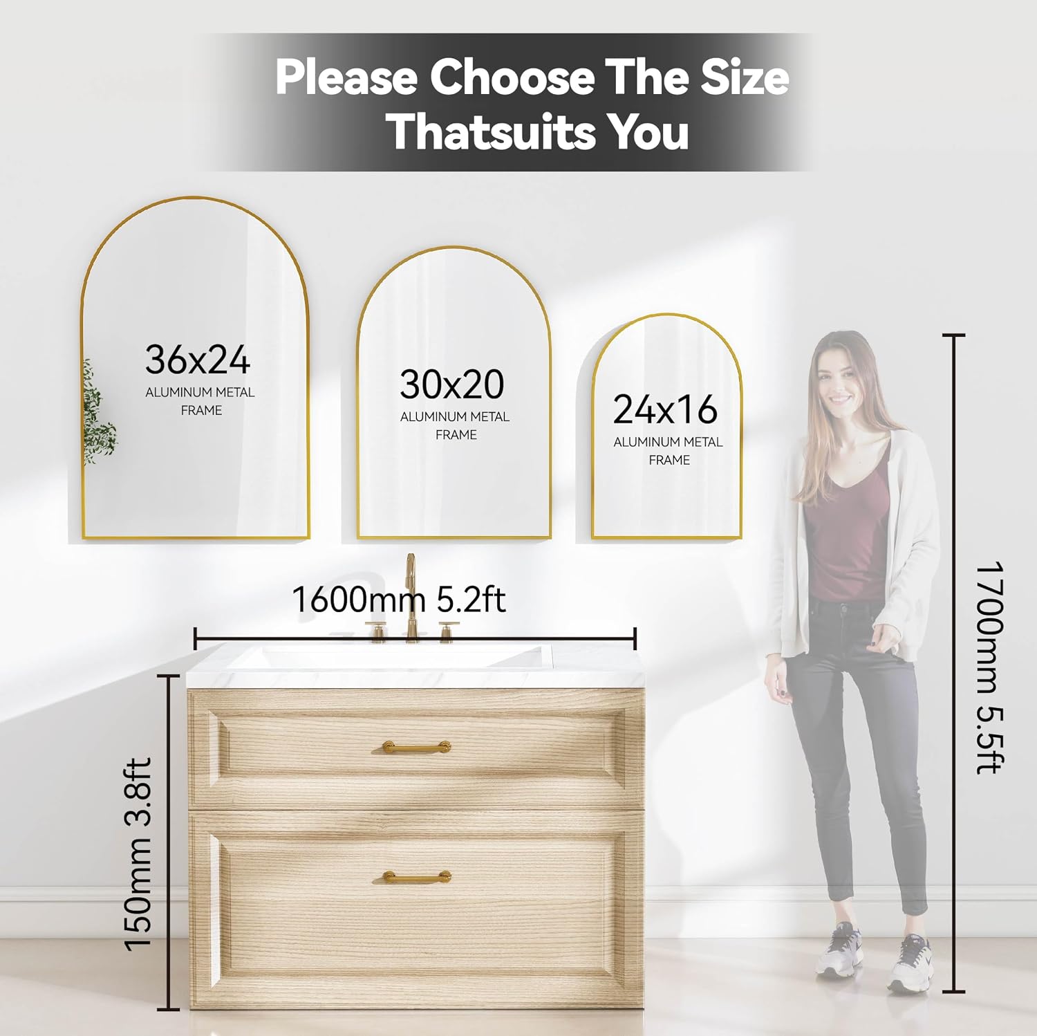 30x20 Bathroom Mirror Arch Wall Mounted/Against Aluminum Frame Gold