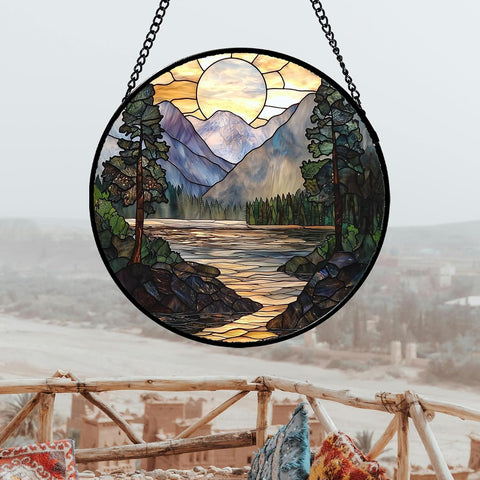 Mountain Lake Stained Glass Window Hanging Suncatcher Gifts for Women 6.3"