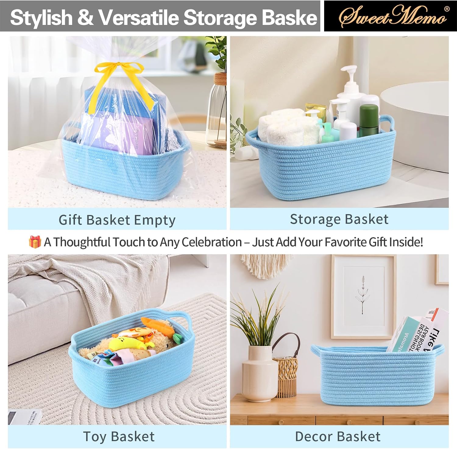 Large Empty Gift Baskets to Fill, Cute Woven Basket for Teen Girls, Women, Baby Shower - SweetMemo Decorative Small Toy Bin with Handles for Decor, Bathroom, with Gifting Bags and Ribbon, Sky Blue