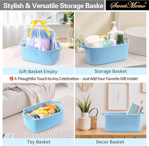 Large Empty Gift Baskets to Fill, Cute Woven Basket for Teen Girls, Women, Baby Shower - SweetMemo Decorative Small Toy Bin with Handles for Decor, Bathroom, with Gifting Bags and Ribbon, Sky Blue