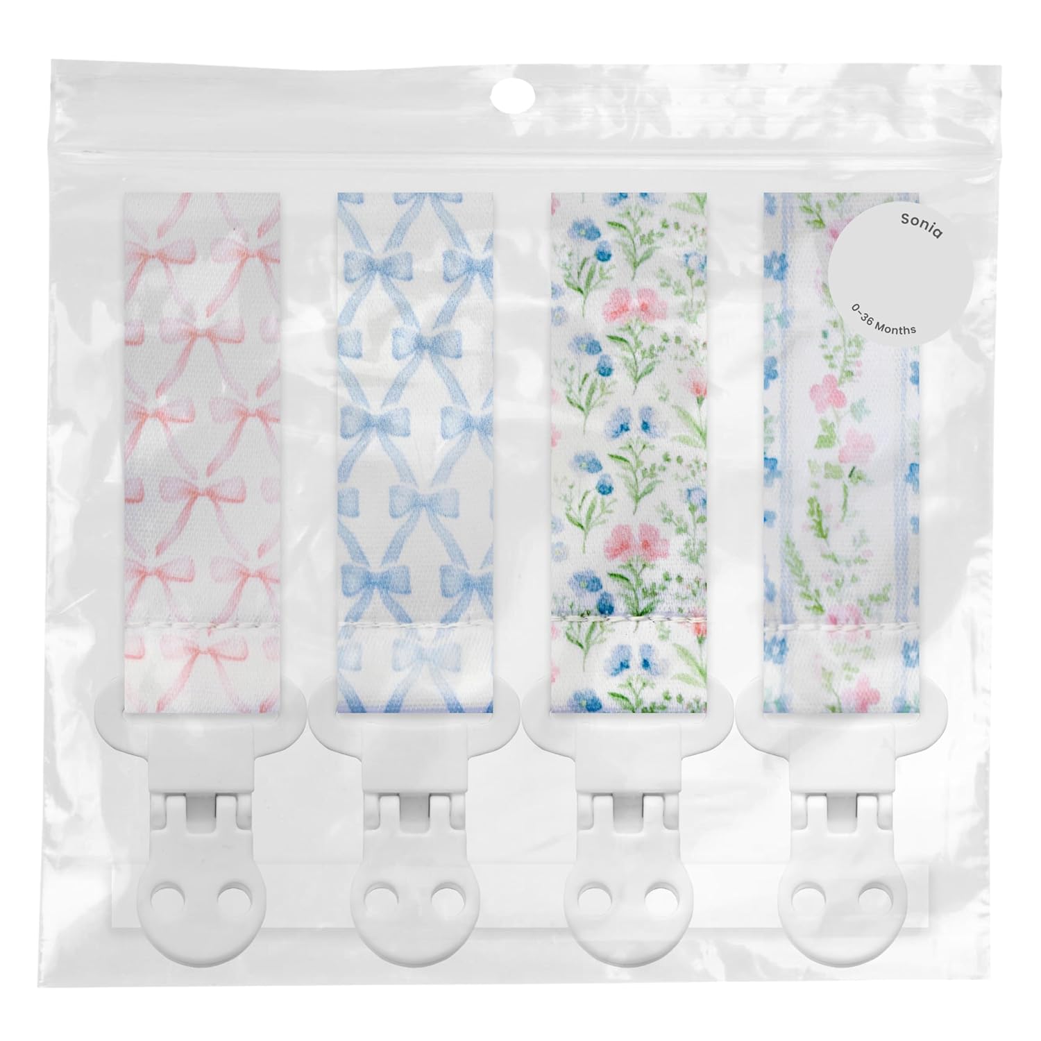 Stadela Baby Pacifier Clip Holder - Girl 4 Pack Gift Set – Vintage Floral Bows Ribbons Flowers French Blue Pink