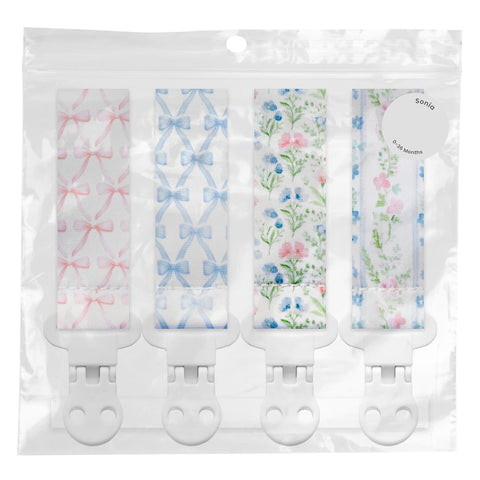 Stadela Baby Pacifier Clip Holder - Girl 4 Pack Gift Set – Vintage Floral Bows Ribbons Flowers French Blue Pink