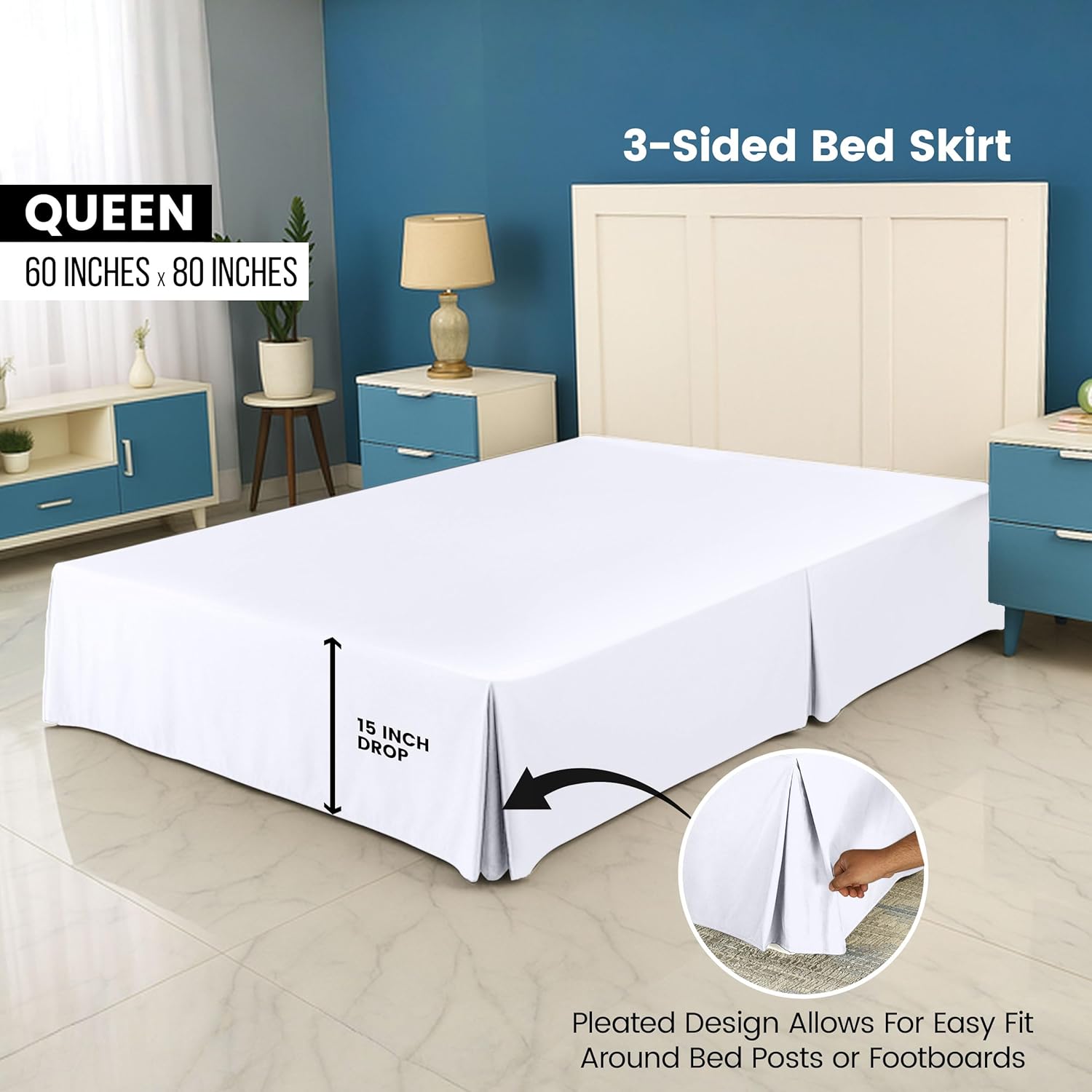 Queen Bed Skirt, Hides Under-Bed Storage 16 Inch Drop, Pleated, White