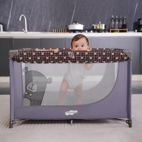 Pamo Babe Pack and Play Portable Crib Baby Playpen Foldable Playard for Infant Toddler with Mattress Pad, Lightweight Unisex Travel Crib Gray
