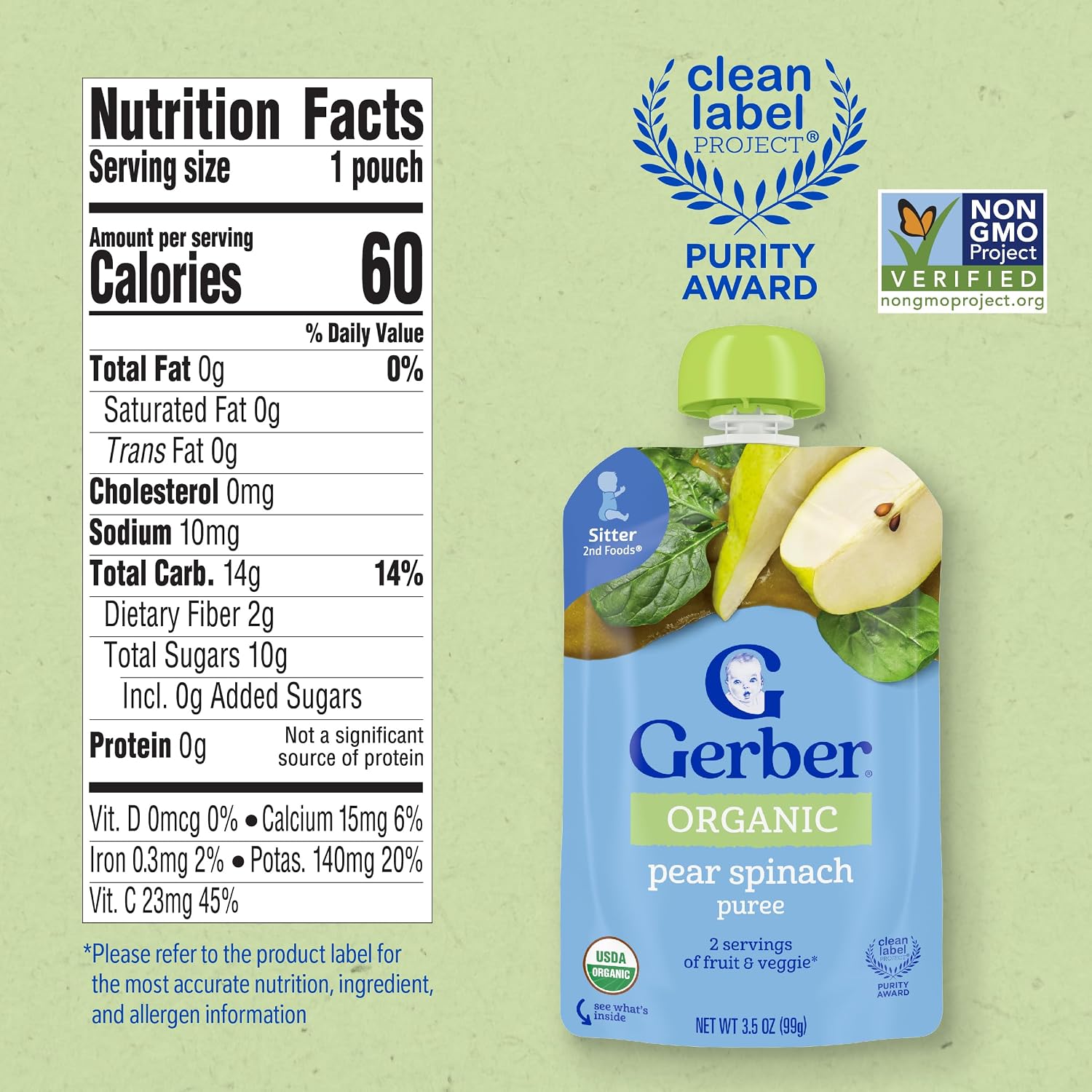 Gerber Stage 2 Organic Pear Spinach Pouches, 3.5 Oz, 12 Pack