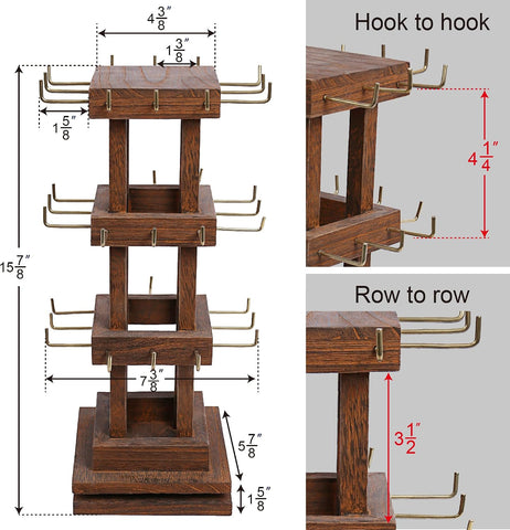 Ikee Design 36 Hooks Wood Rotating Jewelry Keychain Holder Display Stand