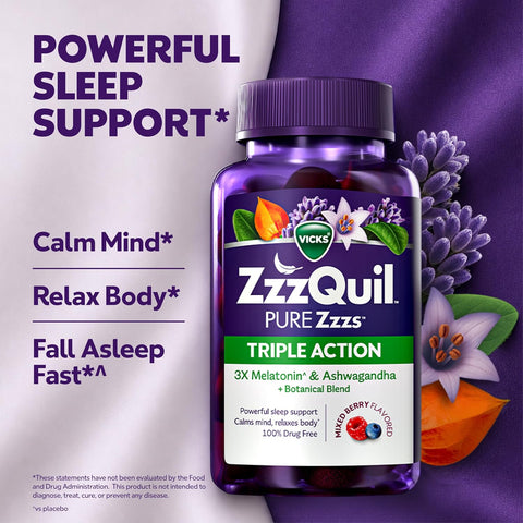 ZzzQuil PURE Zzzs Triple Action, Melatonin Gummies, Melatonin 6mg, 3X Melatonin, Sleep Aid with Ashwagandha, Calm Mood, Antioxidant Action, Sleep Aids for Adults, 60 Sleep Gummies