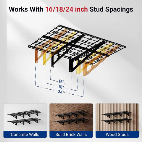 FLEXIMOUNTS 2-Pack 2x6ft Garage Shelving 24-inch-by-72-inch Heavy Duty Wall Mounted Shelves Garage Storage Rack Floating Shelves, 1400lbs Load Capacity, Black, Classic Series