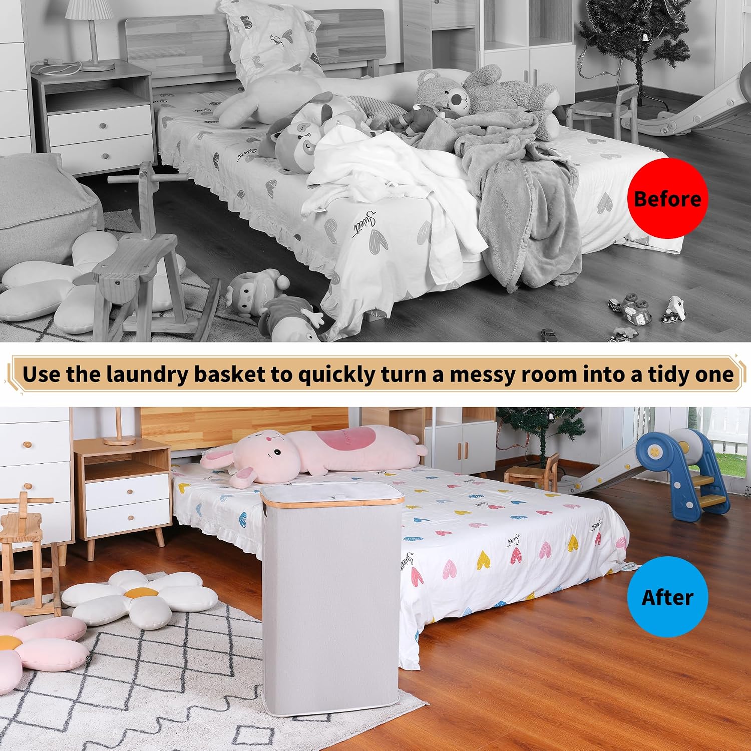 65L Slim Laundry Hamper, Narrow Laundry Basket with Lid,Foldable Clothes Hamper with Bamboo Handles,Hamper Basket with Removable Inner Bag for Laundry Room Bedroom College Dorm,17.17 Gals（Light Grey）