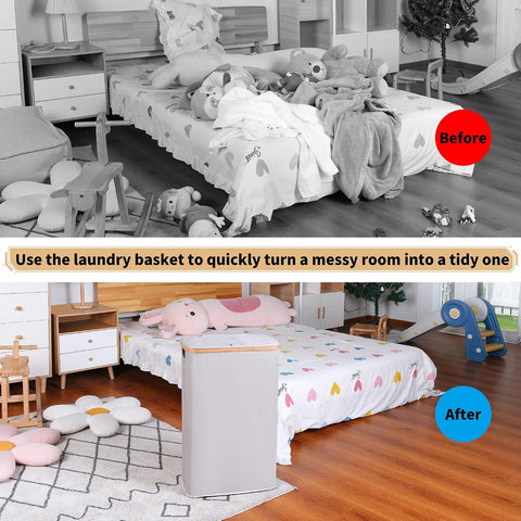 65L Slim Laundry Hamper, Narrow Laundry Basket with Lid,Foldable Clothes Hamper with Bamboo Handles,Hamper Basket with Removable Inner Bag for Laundry Room Bedroom College Dorm,17.17 Gals（Light Grey）