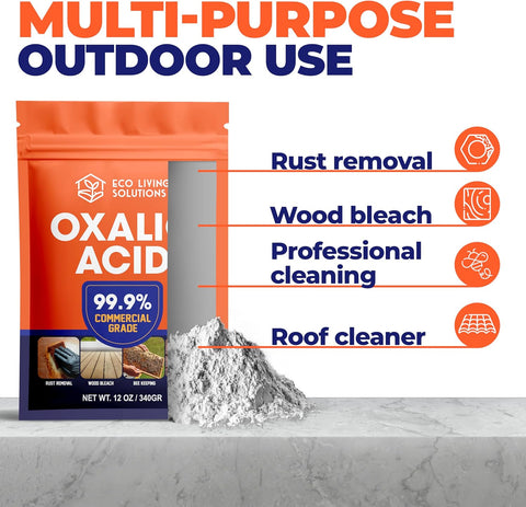 ECO LIVING SOLUTIONS Oxalic Acid 99.9% Deck Stain Remover & Wood Stain Remover | Metal Cleaning & Rust Stain Removal - 12 Oz
