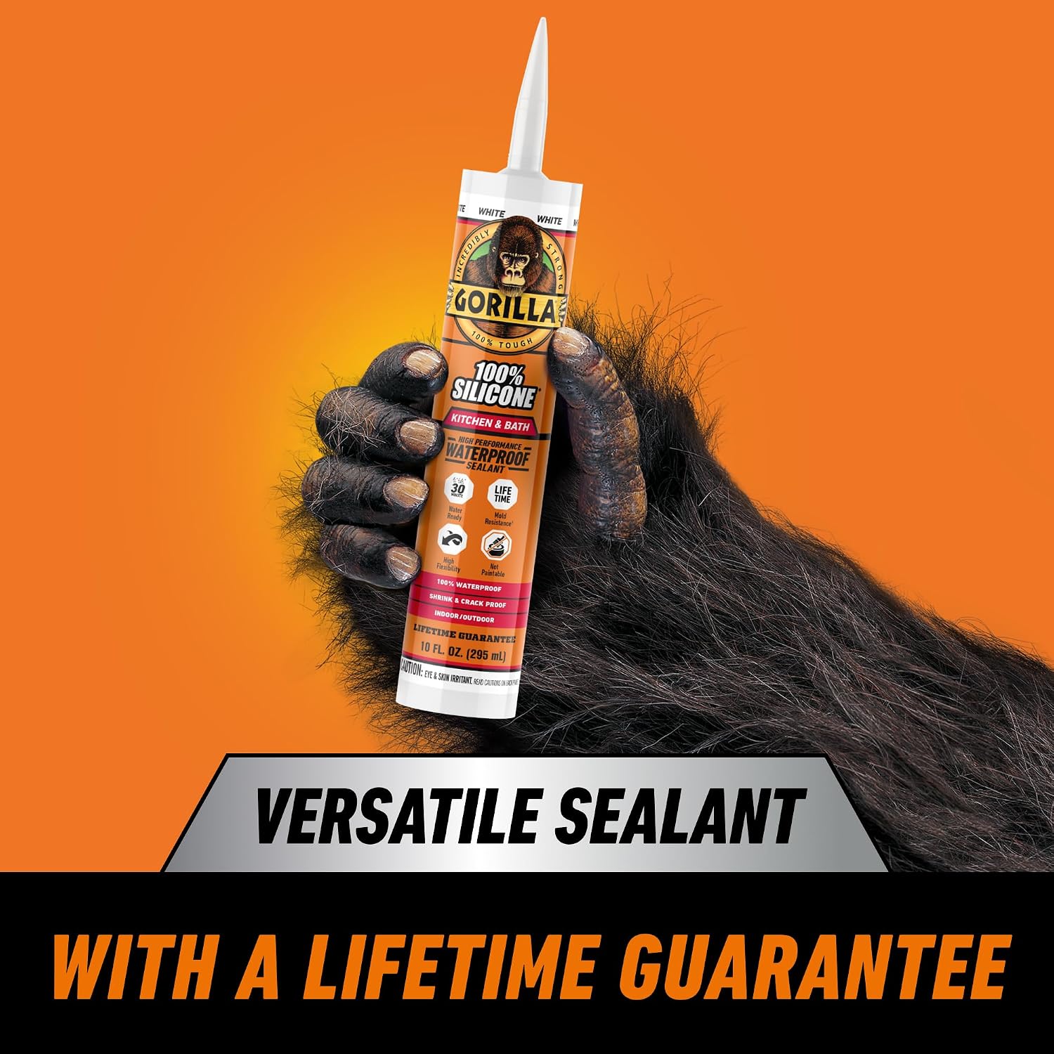 Gorilla 100% Silicone Caulk, Kitchen & Bath Sealant, White, 10 oz Cartridge