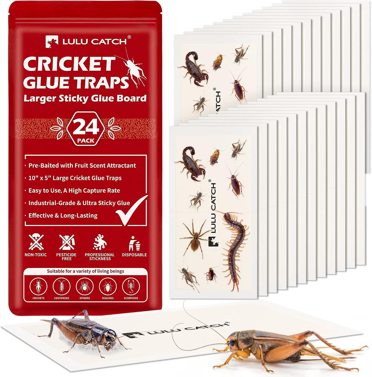 LULUCATCH Cricket Insect Glue Traps - 24 Pack Bug Cockroach Sticky Traps, Large Spider Trap with Pre-Baited Attractant, Highly Effective Glue Boards Indoor, Non-Toxic Pet Safe, Easy to Use