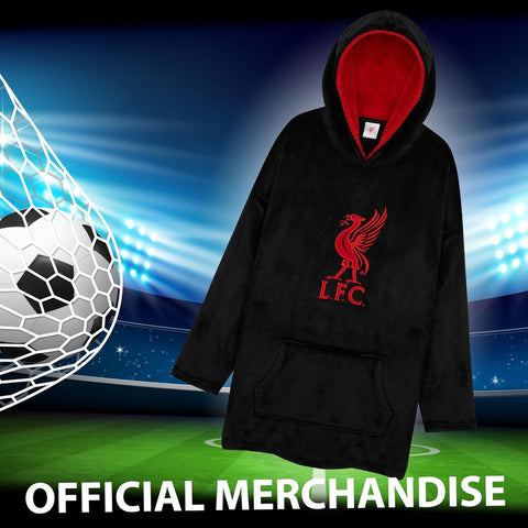 Liverpool F.C. Oversized Hoodie Blanket, Polyester and Sherpa Fleece-Lined Blanket Hoodie, Black Hoodie Blanket with Red LFC Crest, Oversized Blanket Hoodie for Men