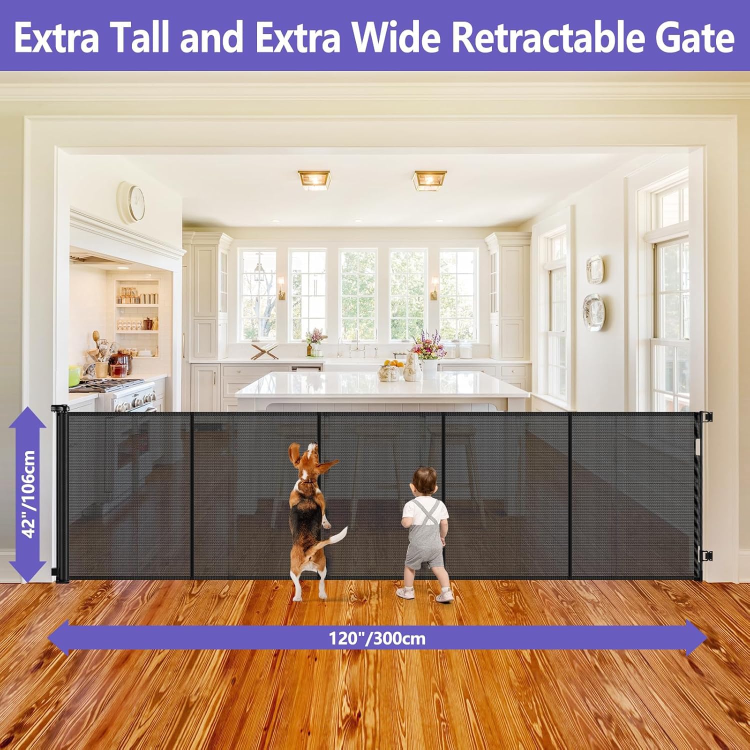 Reinforced 42" Tall 120" Wide Retractable Baby Gates for Large Openings
