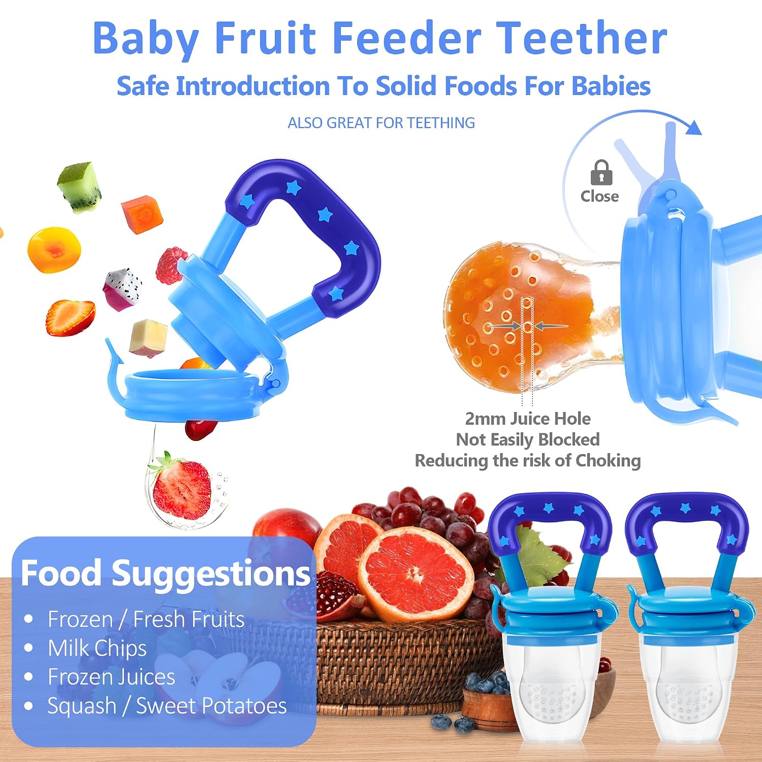 Baby Fruit Feeder Pacifier - 6 Pack | 2 Infant Food Pacifier & 2 Baby Food Dispensing Spoon | Fresh Fruit Teethers for Babies | Silicone Feeder Babies,Infant Teething Feeders (Blue)