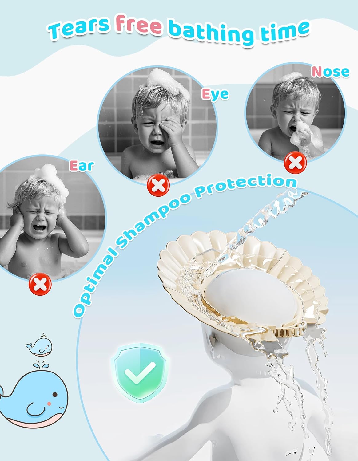 Kids Shower Cap, Baby Hair Washing Shield, Bath Eye Ear Head protector, Bathing Visor for Toddlers, Air Cushioned Shampoo Caps with 22-Size Adjustment for 6Month+ to Adult (White)