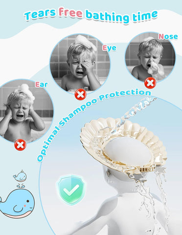 Kids Shower Cap, Baby Hair Washing Shield, Bath Eye Ear Head protector, Bathing Visor for Toddlers, Air Cushioned Shampoo Caps with 22-Size Adjustment for 6Month+ to Adult (White)