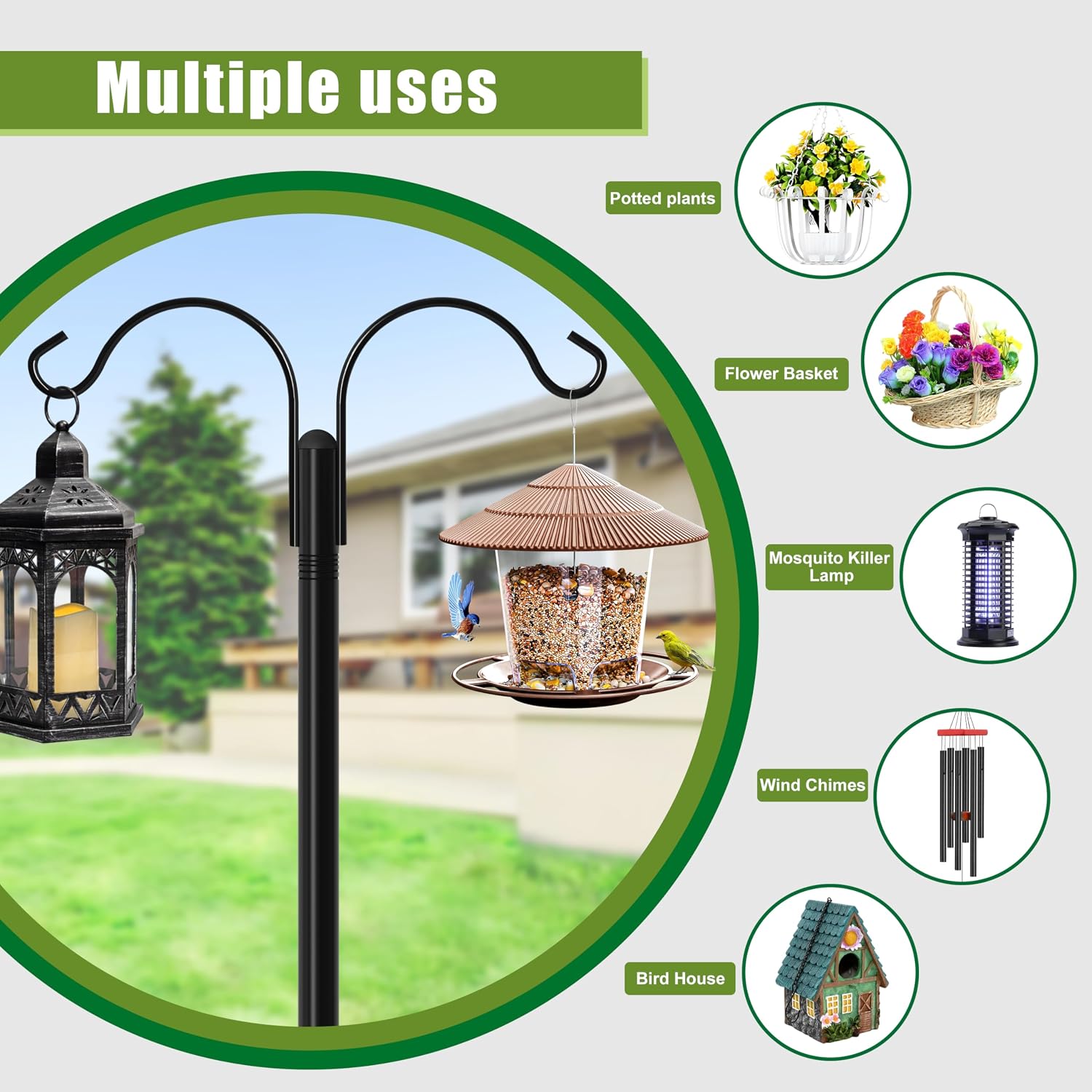 XDW-GIFTS Double Shepherds Hooks for Outdoor, 2-Pack Heavy Duty Garden Pole for Hanging Bird Feeder, Plant Baskets, Solar Light Lanterns, Garden Plant Hanger Stands with 5 Base Prongs