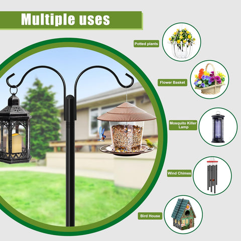 XDW-GIFTS Double Shepherds Hooks for Outdoor, 2-Pack Heavy Duty Garden Pole for Hanging Bird Feeder, Plant Baskets, Solar Light Lanterns, Garden Plant Hanger Stands with 5 Base Prongs