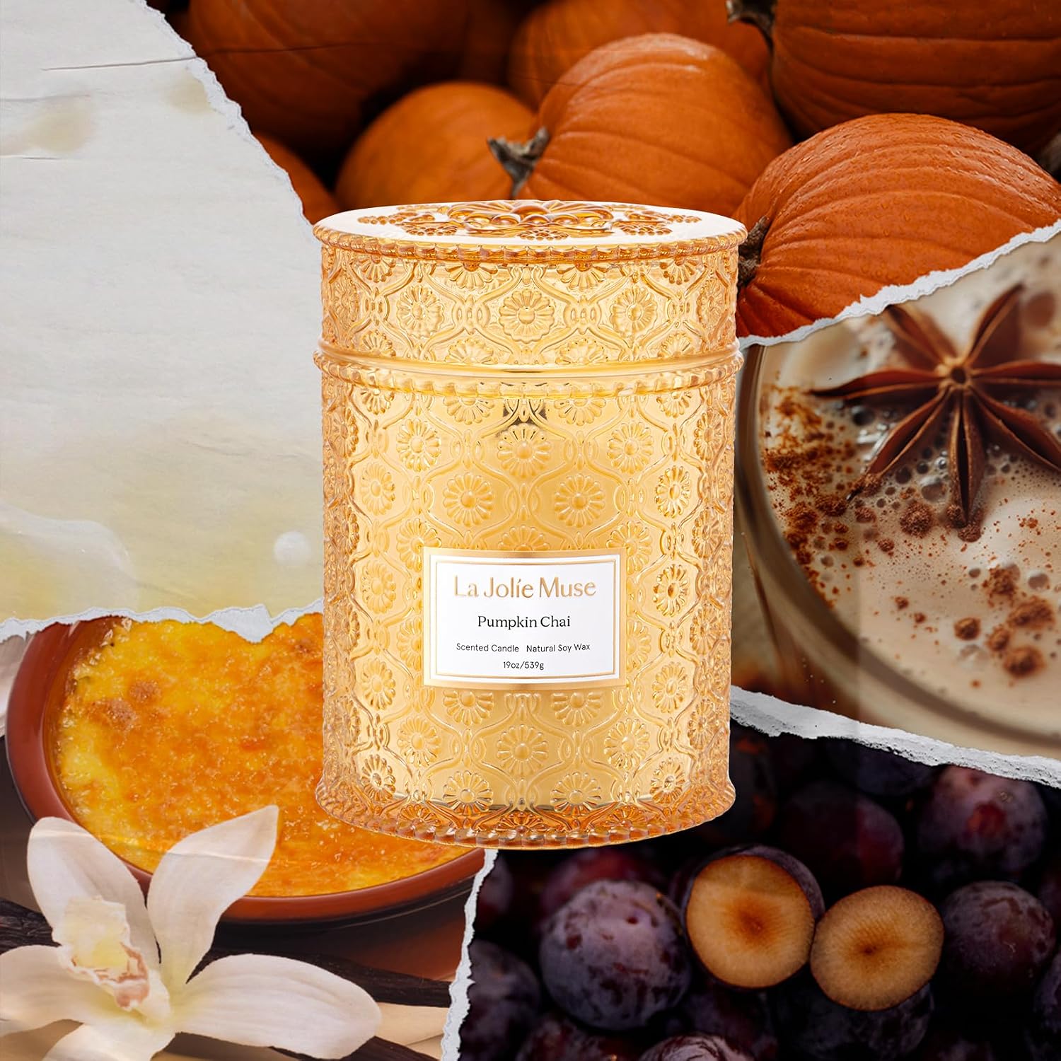 LA JOLIE MUSE Pumpkin Chai Scented Candles for Home, 19 oz Natural Soy Wax