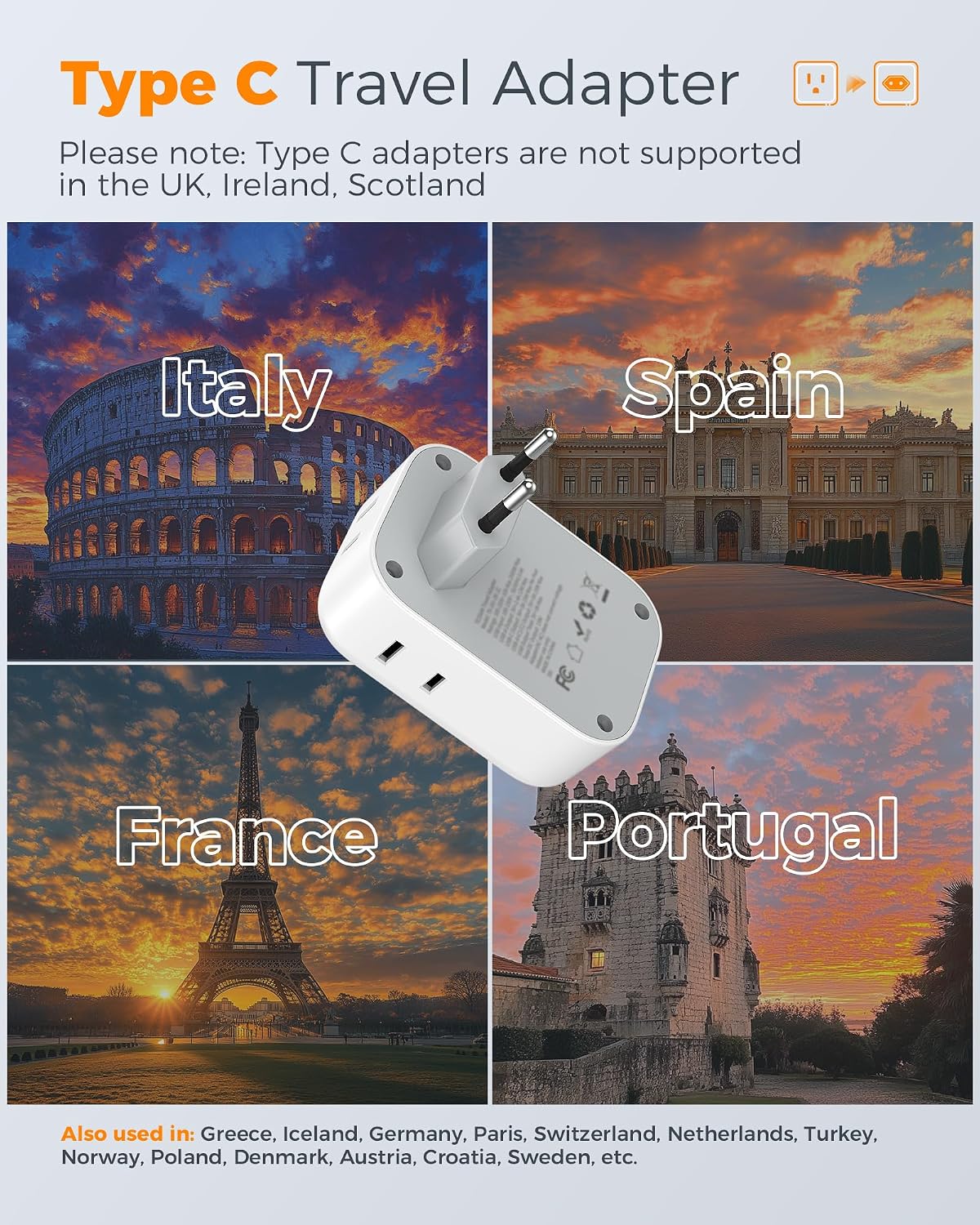 TESSAN European Travel Plug Adapter USB C, International Plug Adaptor