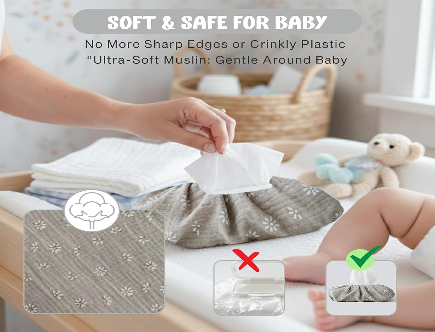 Baby Wipes Cover – Universal Size, One Size Fits All Wipes Packages | Muslin Cotton Tissue Cover for Nursery, Diaper Bag & Changing Table, Station | Gingham & Neutral Patterns (3-Daisy)