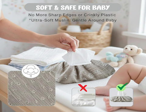 Baby Wipes Cover – Universal Size, One Size Fits All Wipes Packages | Muslin Cotton Tissue Cover for Nursery, Diaper Bag & Changing Table, Station | Gingham & Neutral Patterns (3-Daisy)