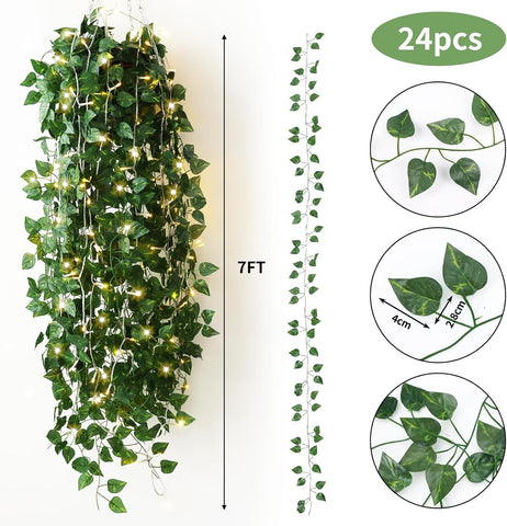 CEWOR 24 Pack 173ft Fake Ivy Vines, Artificial Ivy Garland with 200 LED String Lights, Hanging Plants Greenery Backdrop Green Leaves for Bedroom Room Wall Decor Wedding Party Table Decoration