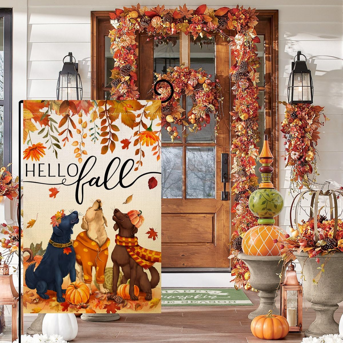 Fall Dogs Garden Flag 12x18 Double Sided Leaves Holiday Yard Decor