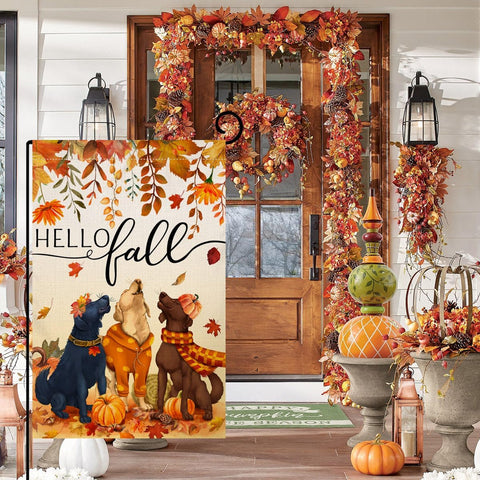 Fall Dogs Garden Flag 12x18 Double Sided Leaves Holiday Yard Decor