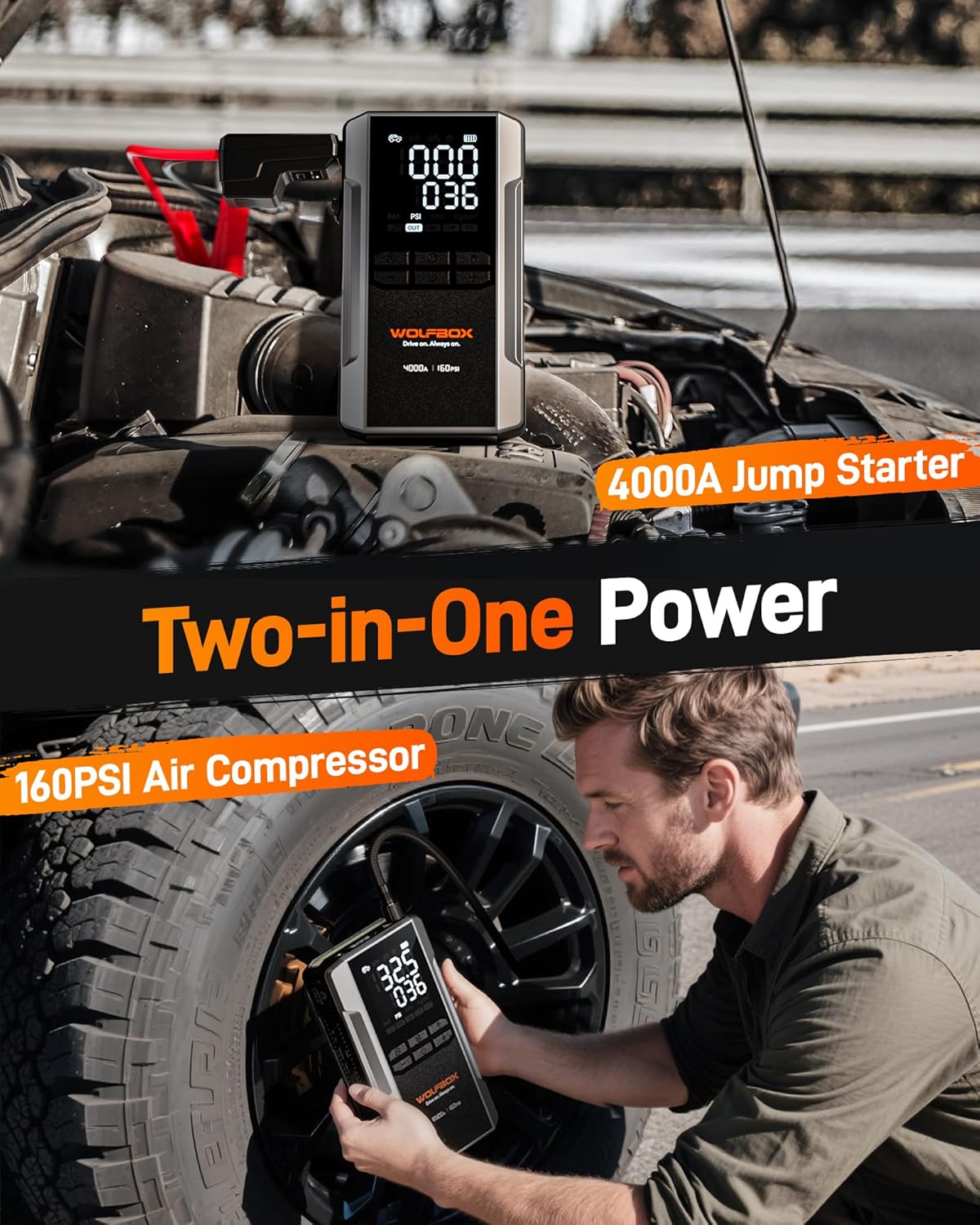 WOLFBOX MV24A 4000A Jump Starter with 160PSI Air Compressor, 12V Car Battery Booster, 88.8Wh Portable Jump Box (10L Gas/10L Diesel) with 65W Fast Charging, Tire Inflator, Jumper Cables, LED Light