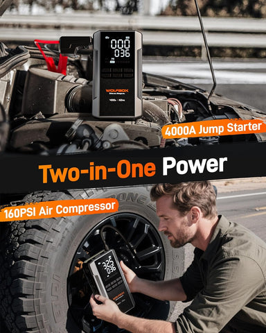 WOLFBOX MV24A 4000A Jump Starter with 160PSI Air Compressor, 12V Car Battery Booster, 88.8Wh Portable Jump Box (10L Gas/10L Diesel) with 65W Fast Charging, Tire Inflator, Jumper Cables, LED Light
