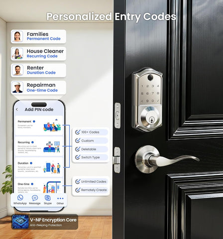 Veise VE017-L Fingerprint Smart Lock with 2 Lever Handle Set, Satin Nickel