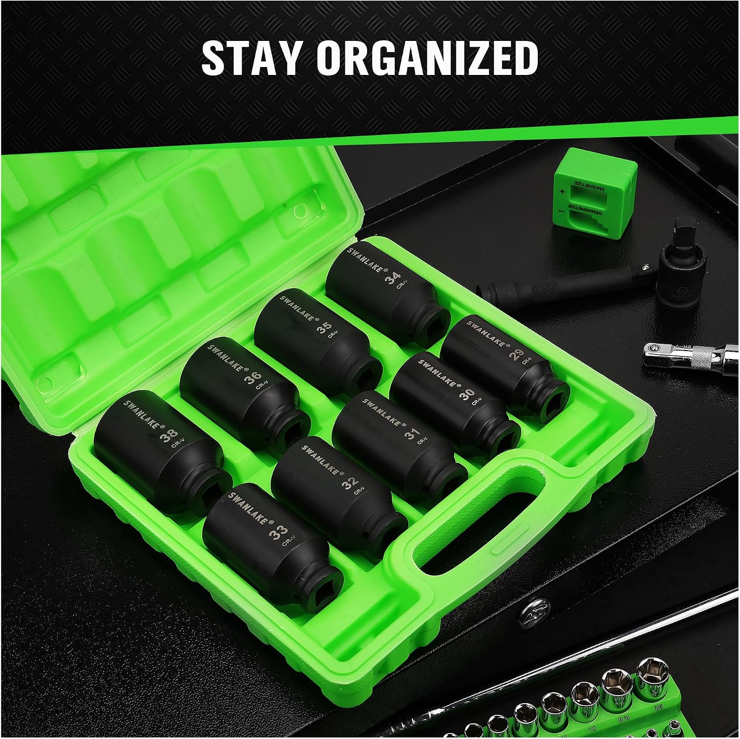 SWANLAKE 9-Piece 1/2" Impact Axle Nut Socket Set, Deep Metric Large Socket Set, 29mm 30mm 31mm 32mm 33mm 34mm 35mm 36mm 38mm, Cr-V Spindle Joint High Torque Wheel Nut Sockets